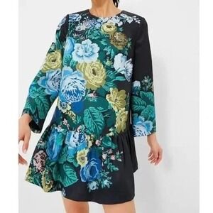 Tuckernuck Black Bouquet Floral Long Sleeve Ruffle Hem Mini‎ Drop Waist Dress M